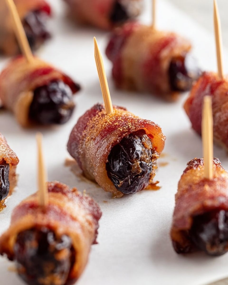 The image shows several small appetizers arranged in rows on white parchment paper over a white marbled surface. Each piece consists of a dark, shiny date fruit wrapped in a light brown, crispy bacon strip with a slight reddish seasoning dust on top. Each close-wrapped bacon-wrapped date is secured by a wooden toothpick standing vertically at the center. The appetizers have a glossy, slightly oily texture with the bacon’s cooked lines clearly visible. The focus is on the front piece with a soft blur on the others behind it, making the colors and textures prominent against the bright, smooth background. photo taken with an iphone --ar 4:5 --v 7