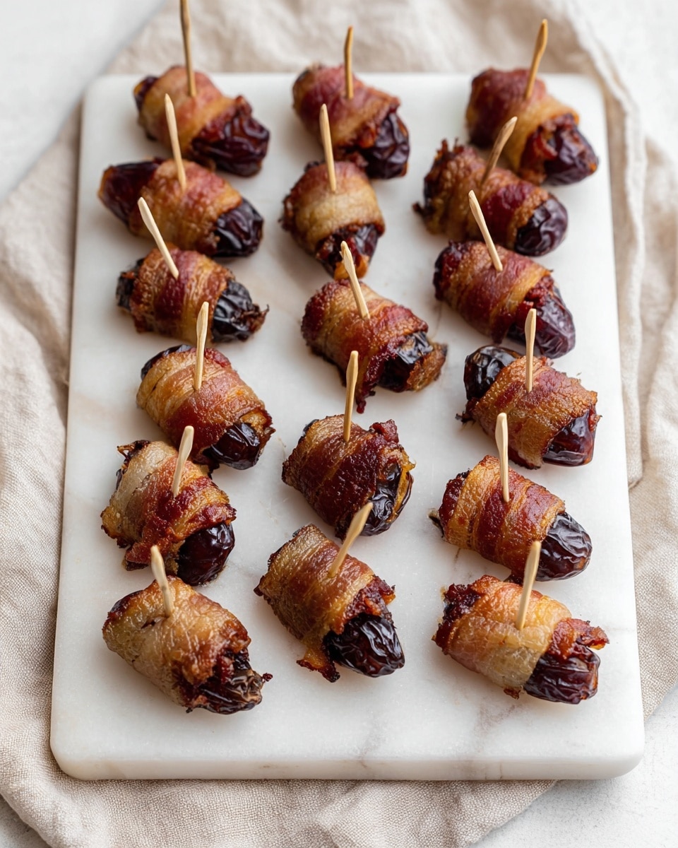 The image shows a white marble board lined with white parchment paper, holding fifteen bacon-wrapped dates arranged in neat rows. Each date is deep brown and slightly wrinkled, fully wrapped in crispy golden-brown bacon strips with some darker edges from cooking. Small wooden toothpicks stick vertically from the center of each bacon-wrapped date, securing the bacon in place. The background is a white marbled texture and a light-colored cloth is partly visible under the board. photo taken with an iphone --ar 4:5 --v 7