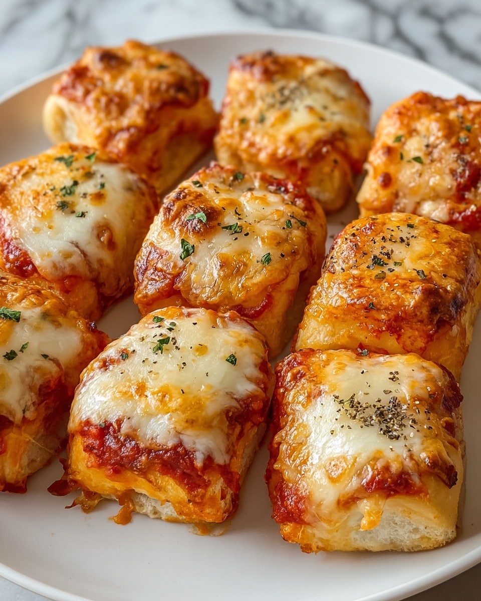 The image shows a close-up of nine small square pizza rolls arranged on a white plate. Each roll has three visible layers: a golden brown dough layer on the outside with a soft, slightly puffy texture; a layer of melted, bubbly cheese on top that is browned in spots with a mix of white and golden-yellow color; and underneath the dough, glimpses of bright red tomato sauce peeking out. The rolls are topped with small pieces of green herbs and black pepper sprinkled unevenly. The plate sits on a white marbled surface. photo taken with an iphone --ar 4:5 --v 7