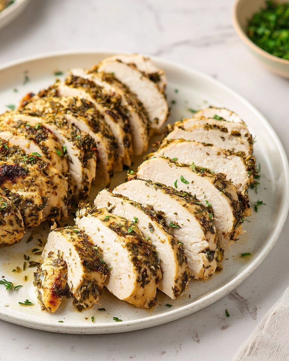 The image shows a white round plate with two rows of sliced roasted chicken breast. Each piece has a light beige inside with a golden brown outer layer covered with herbs and small green parsley bits sprinkled on top and around. The chicken slices are arranged neatly, showing a juicy and tender texture with a herb crust. The plate is placed on a white marbled surface, with a blurred bowl of chopped greens visible in the background. photo taken with an iphone --ar 4:5 --v 7