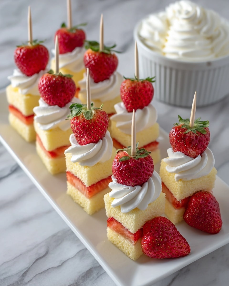 The image shows a white rectangular plate with four dessert skewers arranged in a row on a white marbled surface. Each skewer has four layers: at the bottom and top, there is a whole red strawberry with green leaves, followed by a yellow sponge cake square, then a bright red sliced strawberry, and a swirl of white whipped cream in the middle. Around the plate, there are a few whole strawberries placed as decoration. In the background, a white bowl filled with more white whipped cream is partially visible. photo taken with an iphone --ar 4:5 --v 7