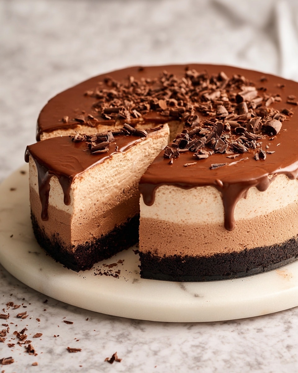 The image shows a three-layer chocolate pie on a white plate placed on a white marbled surface. The bottom layer is a dark chocolate crumb crust with a rough texture. The middle layer is a smooth, dense milk chocolate filling with a rich, creamy look. The top layer is a light, fluffy chocolate whipped cream with soft swirls and chocolate shavings and curls scattered over it. A slice of the pie is cut and slightly pulled out, showing all the layers clearly. Photo taken with an iphone --ar 4:5 --v 7