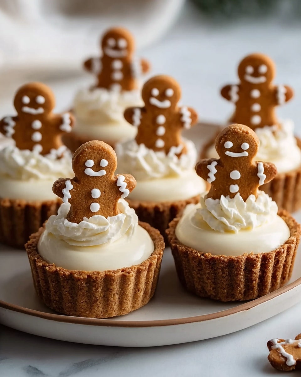The image shows several small tart desserts arranged on a white plate with a slight brown rim, set on a white marbled surface. Each tart has three layers: a light brown crispy tart shell on the bottom with ridged edges, a thick, smooth layer of creamy white filling in the middle, and a small dollop of the same cream on top. Standing upright in each tart is a gingerbread man cookie, light to medium brown in color, decorated with white icing showing eyes, a smile, three buttons, and zigzag lines on the arms and legs. The overall look is neat, warm, and inviting with soft natural lighting. Photo taken with an iphone --ar 4:5 --v 7