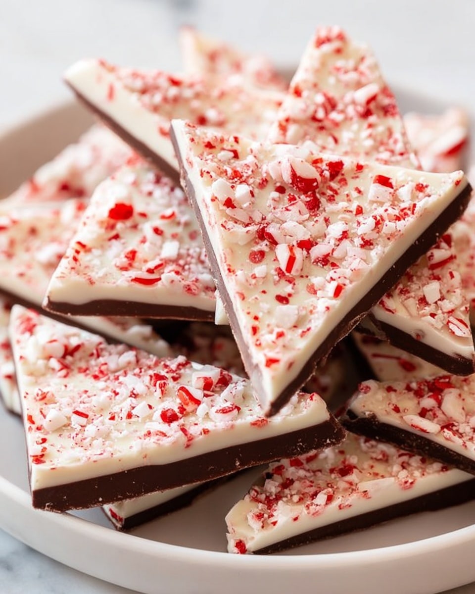 The image shows a close-up of several triangular peppermint bark pieces stacked and scattered on a round white plate. Each piece has three distinct layers: a thick, dark brown chocolate base on the bottom, a thin white chocolate layer in the middle, and the top layer covered with crushed red and white peppermint candy bits, giving a speckled texture. The surface beneath the plate is a white marbled texture. photo taken with an iphone --ar 4:5 --v 7