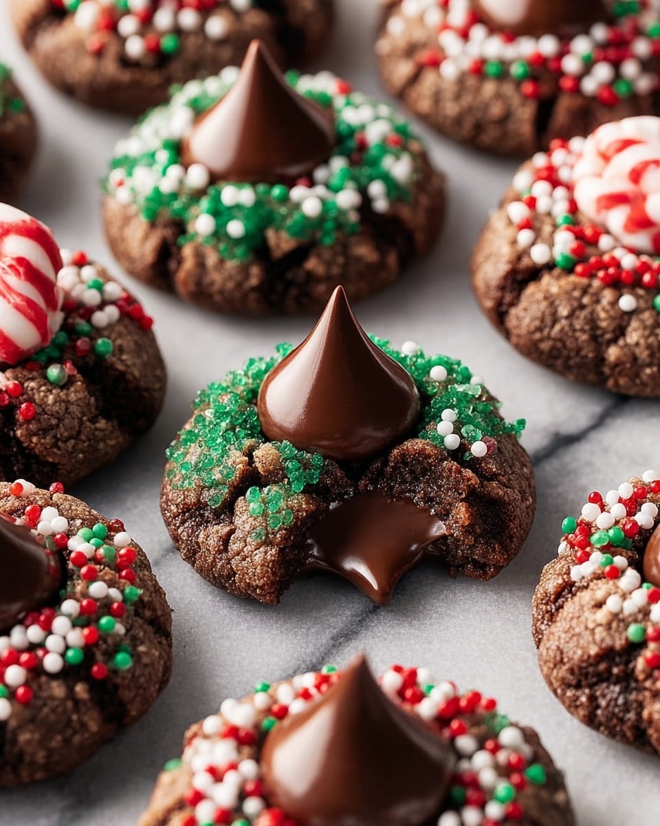 The image shows several round chocolate thumbprint cookies arranged closely on a white marbled surface. Each cookie has a soft, cracked dark brown chocolate base layer coated partly with green, red, and white small round sprinkles around the edges. In the center of each cookie, there is a smooth, glossy, cone-shaped chocolate kiss, standing tall and shiny. One cookie is broken open, revealing a soft, rich chocolate filling inside, matching the kiss on top. In the background, there is one cookie topped with a red and white striped cone-shaped candy kiss. The overall look is festive and inviting, with a mix of smooth, crumbly, and crunchy textures visible. photo taken with an iphone --ar 4:5 --v 7