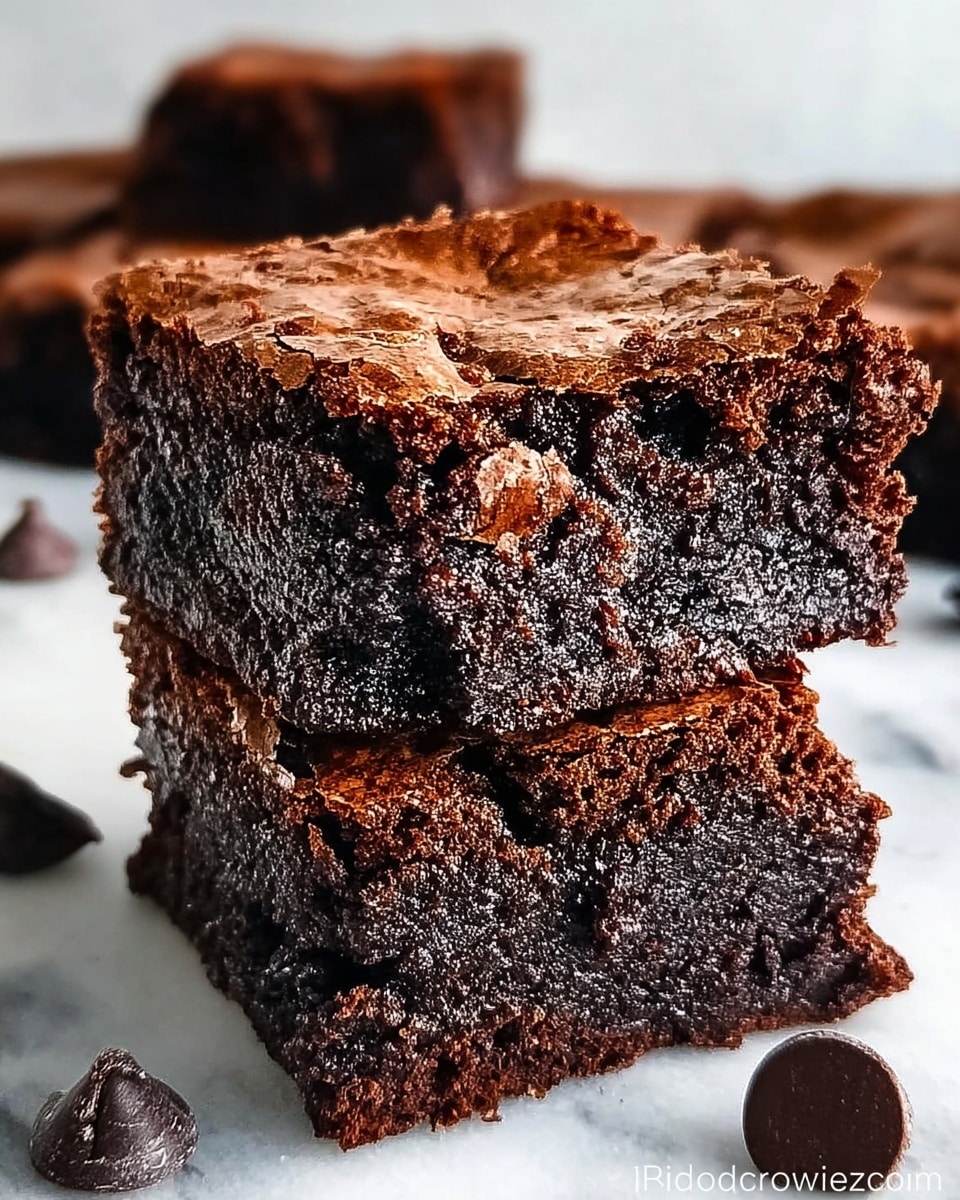 Two stacked rich, dark brown brownies with a cracked, slightly crisp surface are placed on a white marbled texture. The top brownie shows a fudgy, moist inside with a dense texture, while the bottom one has a similarly dense and moist look. Around the brownies are a few scattered dark chocolate chips and crumbs, enhancing the homemade feel. Photo taken with an iphone --ar 4:5 --v 7
