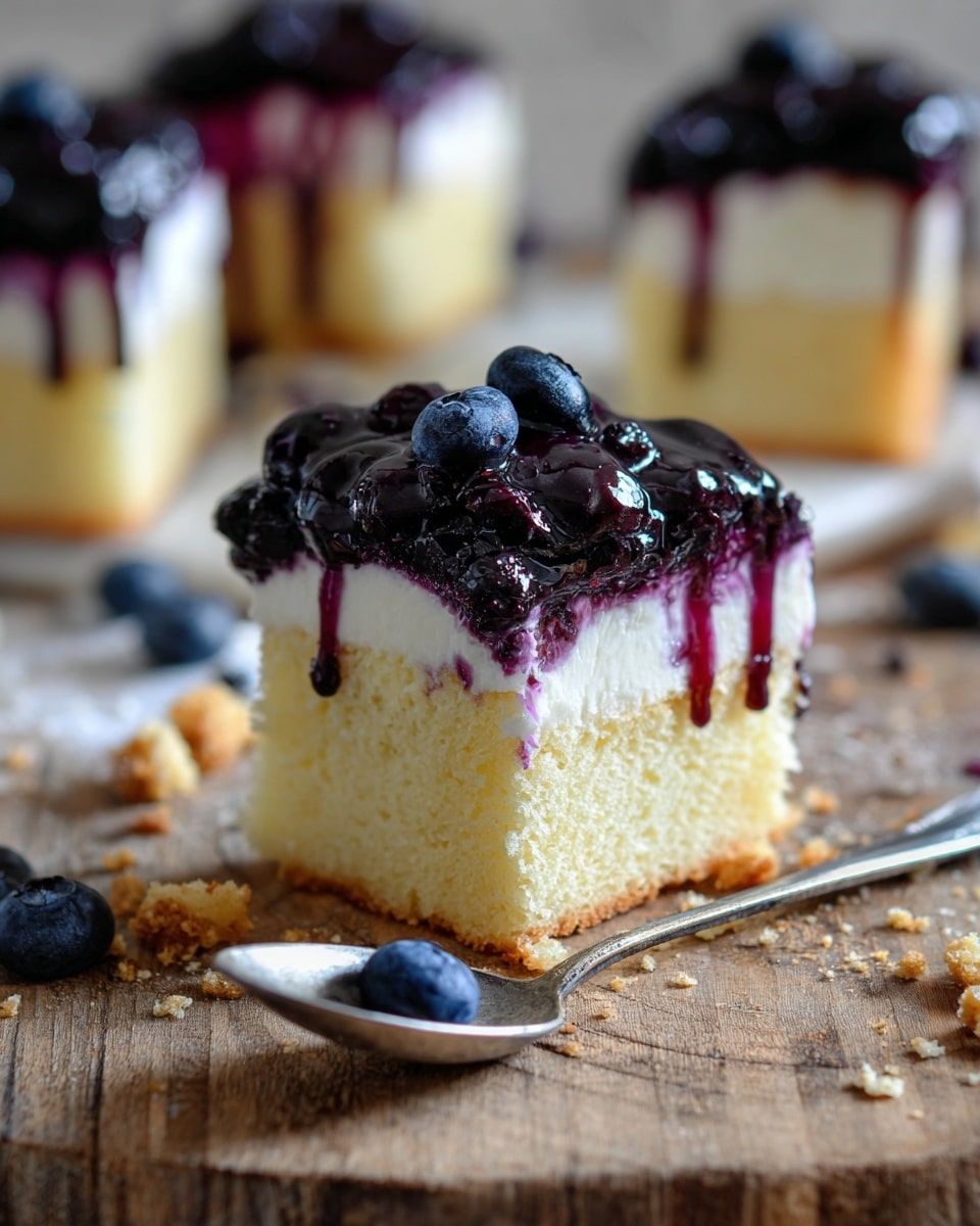 The image shows a three-layer cake on a white plate, placed on a white marbled texture. The bottom layer is a golden-brown sponge cake with a soft texture, above it is a thick, creamy white layer, and the top is covered with a shiny, dark purple blueberry glaze with whole blueberries embedded, some of which are dripping down the side, creating a rich, glossy effect. The inside of the cake reveals juicy blueberries that have seeped into the cream and sponge layers. There are a few blueberries and some of the purple juice on the plate and tabletop around the cake. Photo taken with an iphone --ar 4:5 --v 7