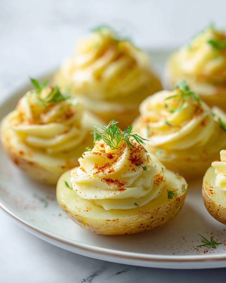 The image shows a white rectangular plate holding many deviled eggs arranged in neat rows. Each deviled egg has two layers: the bottom half is the smooth pale yellow egg white base, and the top half is a creamy, piped, bright yellow filling with a slightly ridged texture. The filling is sprinkled with small pieces of chopped green herbs, a dusting of red paprika, and small dark seeds or peppercorns. Some eggs are also decorated with delicate light purple flower petals and sprigs of fresh green herbs. The plate is on a white marbled surface with some scattered herbs and petals around, creating a fresh and elegant look. photo taken with an iphone --ar 4:5 --v 7