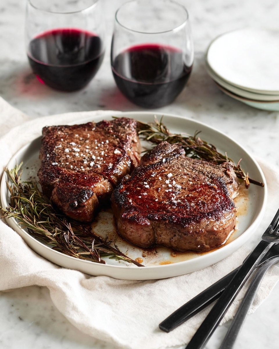 Two thick, juicy steaks with a dark brown, crispy crust and coarse salt sprinkled on top sit side by side in the center of a round white plate. The steaks are surrounded by roasted sprigs of rosemary with a deep green and golden-brown color, placed above and below the meat. A small pool of red steak juice is visible beneath the steaks, adding a rich contrast to the white plate. The plate rests on a white marbled surface, next to two deep red wine glasses filled halfway, a neatly folded white cloth, and two black forks positioned side by side on the right. photo taken with an iphone --ar 4:5 --v 7