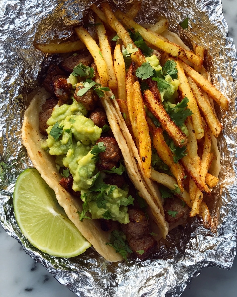 This image shows two soft corn tortillas filled with browned, cooked meat pieces at the bottom layer, topped with a thick layer of green guacamole. Over the guacamole, there is a generous amount of golden, slightly crispy French fries scattered unevenly. Small green cilantro leaves are spread on top and around the tacos. A wedge of lime with a pale yellow-green inside sits at the bottom left of the foil-lined surface, which is shiny and crinkled, reflecting light. The overall setting is on a white marbled textured background. Photo taken with an iphone --ar 4:5 --v 7