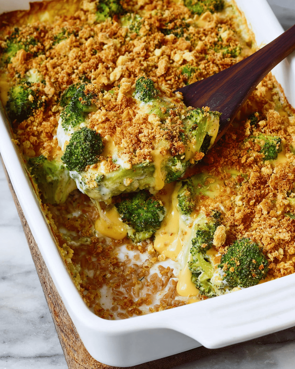 A white rectangular baking dish contains a layered broccoli casserole. The bottom layer is a soft, light brown mix that looks grainy and moist, possibly cooked rice or beans. Above that is a thick layer of green broccoli florets, some fully covered and some partially covered with a smooth, yellow creamy sauce that has a slightly glossy texture. The dish is topped with a crunchy golden crumb mixture scattered unevenly across the surface, adding texture and color contrast. A dark wooden spatula rests inside the dish, lifting some of the casserole. The baking dish sits on a white marbled surface. Photo taken with an iphone --ar 4:5 --v 7