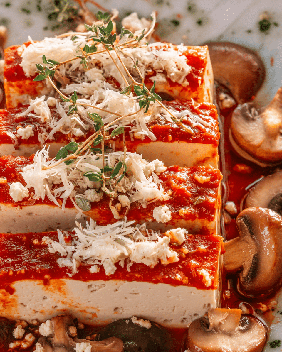 A white rectangular dish filled with bright red tomato sauce with visible bits of shredded cheese and small whole mushrooms scattered throughout. In the center, there is a thick, square piece of tofu or cheese covered with more shredded white cheese. On top of this square, there are four whole brown mushrooms and a few fresh green herb sprigs. The tomato sauce has a slightly chunky texture, and the mushrooms appear cooked but whole, contrasting with the smooth block in the center. The background is a white marbled surface. Photo taken with an iphone --ar 4:5 --v 7