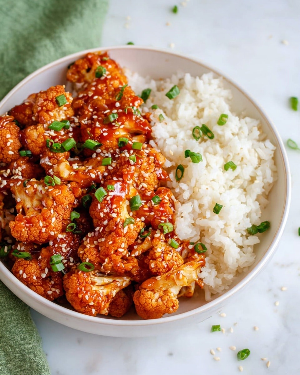 A close-up of a white bowl filled with two main layers: on one side, fluffy white rice with a soft, loose texture, and on the other, cauliflower florets coated in a thick, shiny, reddish-orange sauce sprinkled with small white sesame seeds and chopped green onions. The cauliflower looks tender and well-coated, with the sauce giving a glossy finish. The bowl is set on a white marbled texture, with a green cloth partially visible beneath it. Photo taken with an iphone --ar 4:5 --v 7