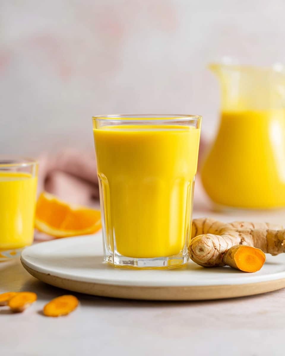 The image shows several glass containers of bright yellow liquid arranged on a wooden board over a white marbled surface. In the front center, there is a small round glass bottle with a cork stopper filled with the yellow liquid. To the left, two small glass jars with red and white checkered lids are stacked and filled with the same liquid. Behind the small bottle, there are two additional bottles of different shapes and sizes also filled with the bright yellow liquid. To the right, a clear glass filled with the yellow liquid is visible. Fresh slices of orange, ginger root, and turmeric pieces are placed around the containers, adding a natural and fresh look. The background is a soft light color with a smooth texture. Photo taken with an iphone --ar 4:5 --v 7