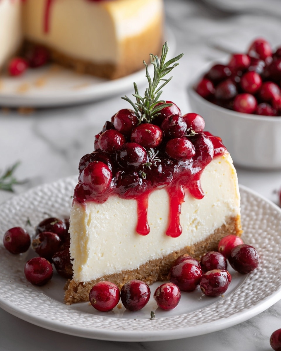 A thick slice of cheesecake with three visible layers: a dense, light brown crumbly crust at the bottom, a smooth and creamy white middle layer, and a glossy, deep red cranberry topping with whole cranberries piled on top, some spilling down the sides. A small sprig of green rosemary sits on top of the cranberries. The slice is placed on a textured white plate, with more cranberries scattered around. In the background, the remaining cheesecake and a white bowl filled with cranberries rest on a white marbled surface. Photo taken with an iphone --ar 4:5 --v 7
