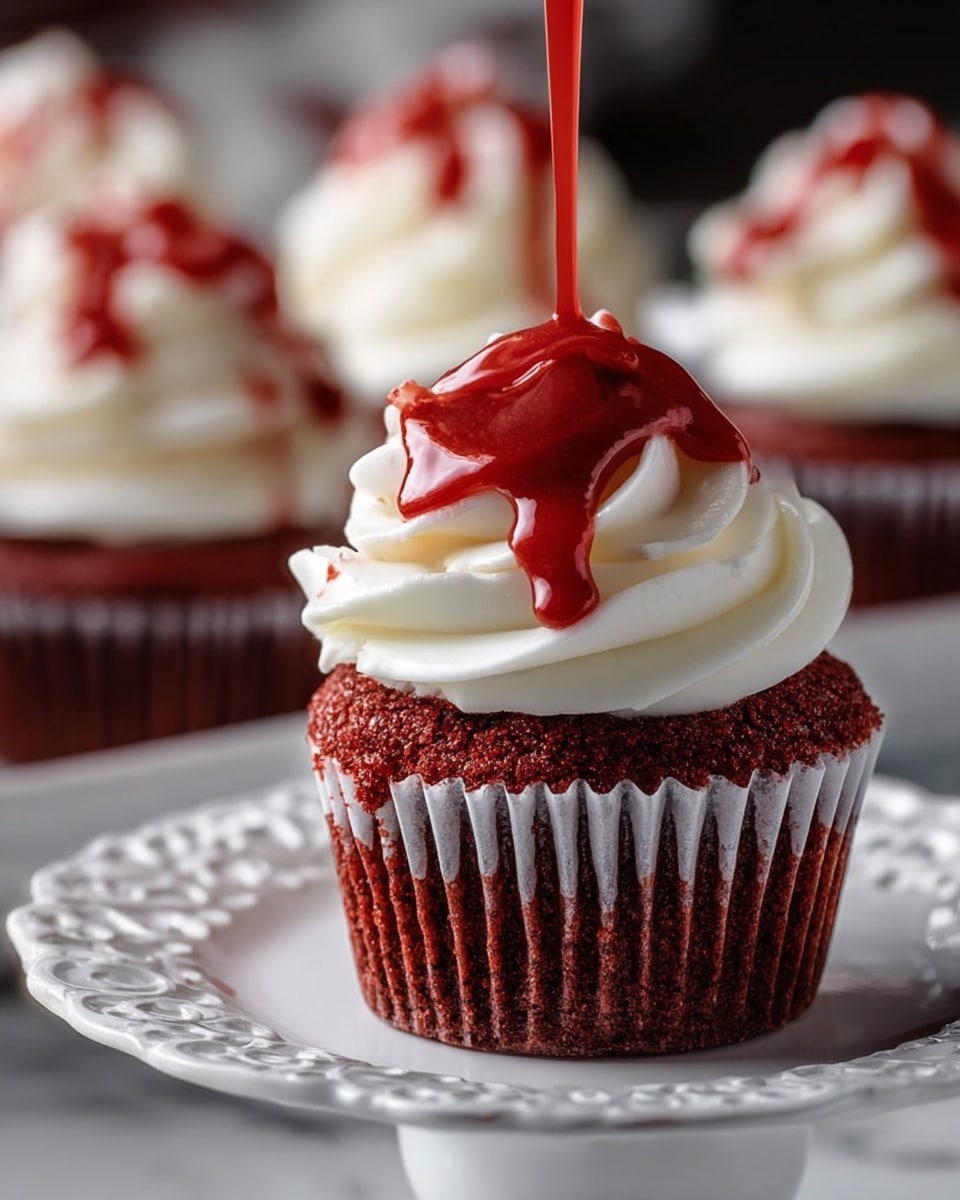 A close-up of a red velvet cupcake with two layers: the bottom layer is a deep red, moist cake in a silver liner, and the top layer is thick, swirled white cream cheese frosting. Bright red syrup is being poured over the frosting, dripping down the sides and pooling slightly on the white decorative plate beneath the cupcake. In the background, three more cupcakes with the same frosting and syrup can be seen sitting on a white marbled surface. photo taken with an iphone --ar 4:5 --v 7