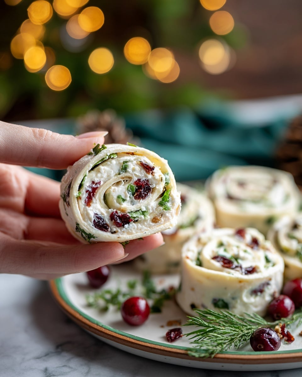 A close-up of a creamy white rolled appetizer held by a woman's hand in the foreground, showing soft, smooth layers of tortilla or flatbread rolled tightly with a thick white cream cheese layer mixed with bright green herbs and small chunks of dark red dried cranberries inside; in the background, several more of these pinwheel rolls sit on a white plate with a green rim on a white marbled surface, decorated with green herbs and whole cranberries scattered lightly around, with warm yellow bokeh holiday lights softly blurred in the background and a pine cone and evergreen needles adding a festive touch; photo taken with an iphone --ar 4:5 --v 7