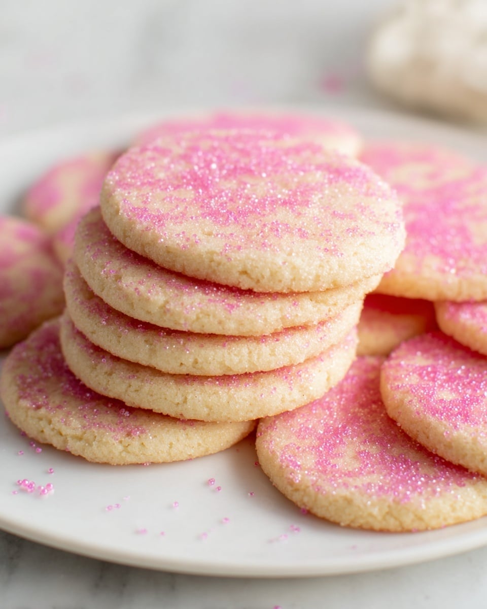 A stack of round, flat cookies arranged on a white plate, each cookie lightly golden-beige in color with a textured surface, and the edges coated with sparkling pink sugar crystals that catch the light softly. The cookies are piled unevenly, showing several layers with some overlapping, highlighting the pink sugar's grainy texture against the smooth cookie tops. The plate rests on a white marbled surface with faint pink sugar sprinkles scattered nearby. photo taken with an iphone --ar 4:5 --v 7
