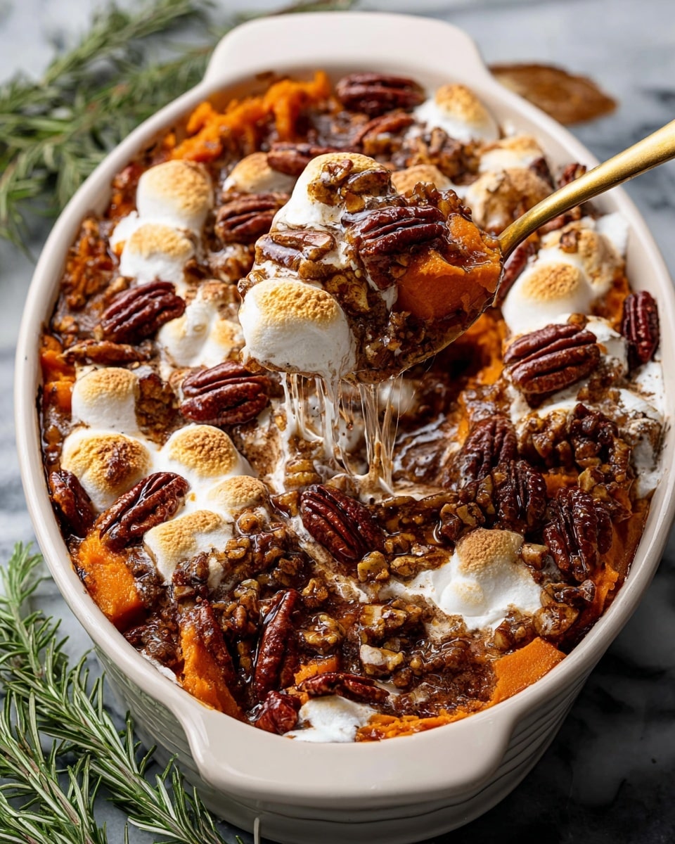 The dish shows a deep oval white casserole filled with layers starting at the bottom with soft, chunky orange sweet potato pieces, followed by a toasted layer of golden and slightly browned marshmallows melting over the potatoes. On top of this, there is a generous scattering of dark brown whole pecans that add texture and contrast to the dish. A gold spoon is positioned inside the casserole, slightly lifting the marshmallow and pecan topping, showing gooey marshmallow stretching into the dish. The casserole sits on a white marbled surface with some rosemary sprigs nearby, adding a fresh green color to the scene. photo taken with an iphone --ar 4:5 --v 7