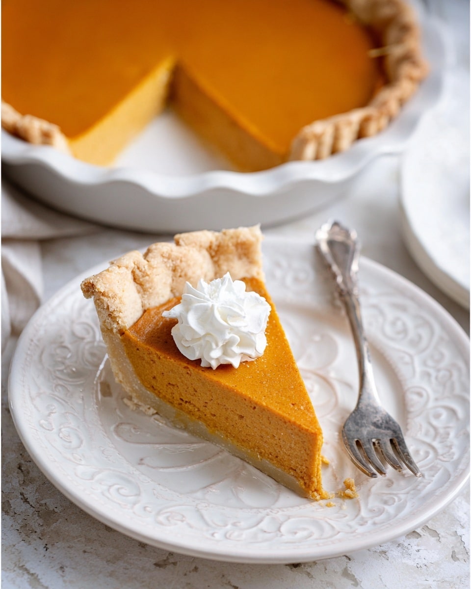 A slice of pumpkin pie with two main layers: a thick, smooth orange pumpkin layer on top and a light, flaky crust layer at the bottom and edges. The crust is golden brown and slightly rough with a thicker edge, while the pumpkin layer is dense and glossy. On top of the pumpkin filling, there is a small dollop of white whipped cream. The slice is placed on a white plate with a delicate raised swirl pattern, accompanied by a silver fork. In the background, the remaining pumpkin pie sits in a white pie dish with a fluted edge, resting on a white marbled textured surface. Photo taken with an iphone --ar 4:5 --v 7