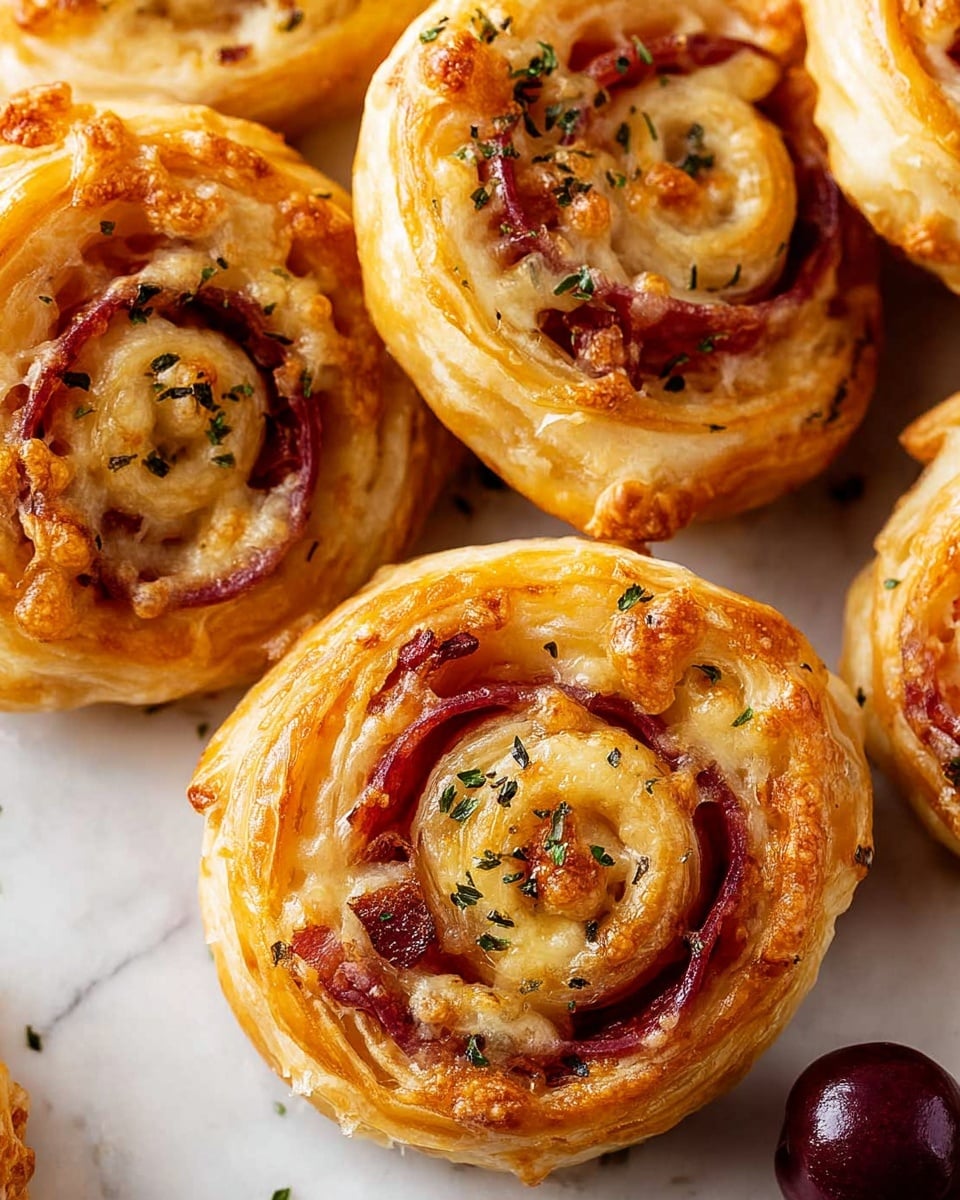 Five small puff pastry swirls with visible layers of golden, flaky dough wrapped around a filling that looks dark red and possibly jam-like, all sitting on a sheet of white parchment paper on an old, silver baking tray with some browned spots. The pastries are spaced apart with some melted and slightly browned areas around the edges. The background is a white marbled texture. photo taken with an iphone --ar 4:5 --v 7