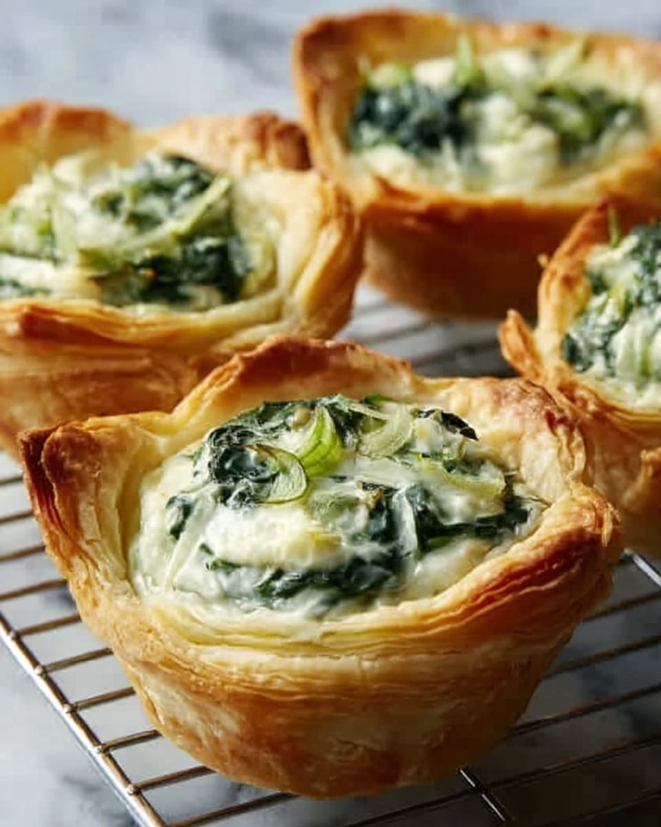 The image shows four small pastry cups with flaky, golden-brown crusts. Each cup is filled with a creamy white mixture of cheese and spinach, with visible pieces of green spinach leaves and bits of onion on top. The texture of the filling looks smooth and thick, with slight browning around the edges where it meets the crust. The pastries are placed on a metal cooling rack, resting on a white marbled surface. photo taken with an iphone --ar 4:5 --v 7