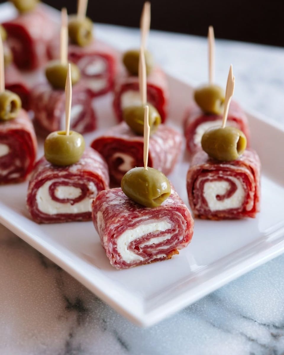 Three small snacks are arranged side by side on a wooden cutting board. Each snack has three layers: the bottom layer is creamy white cheese, the middle layer is a rolled slice of pinkish-red salami with white fat bits, and the top layer is a green olive with a pimento center. Each snack is held together with a wooden toothpick going through all layers vertically. To the right, there is a silver knife with some white cheese on its blade and a small bit of cheese on the board. A few slices of salami rest on white paper nearby. Photo taken with an iphone --ar 4:5 --v 7