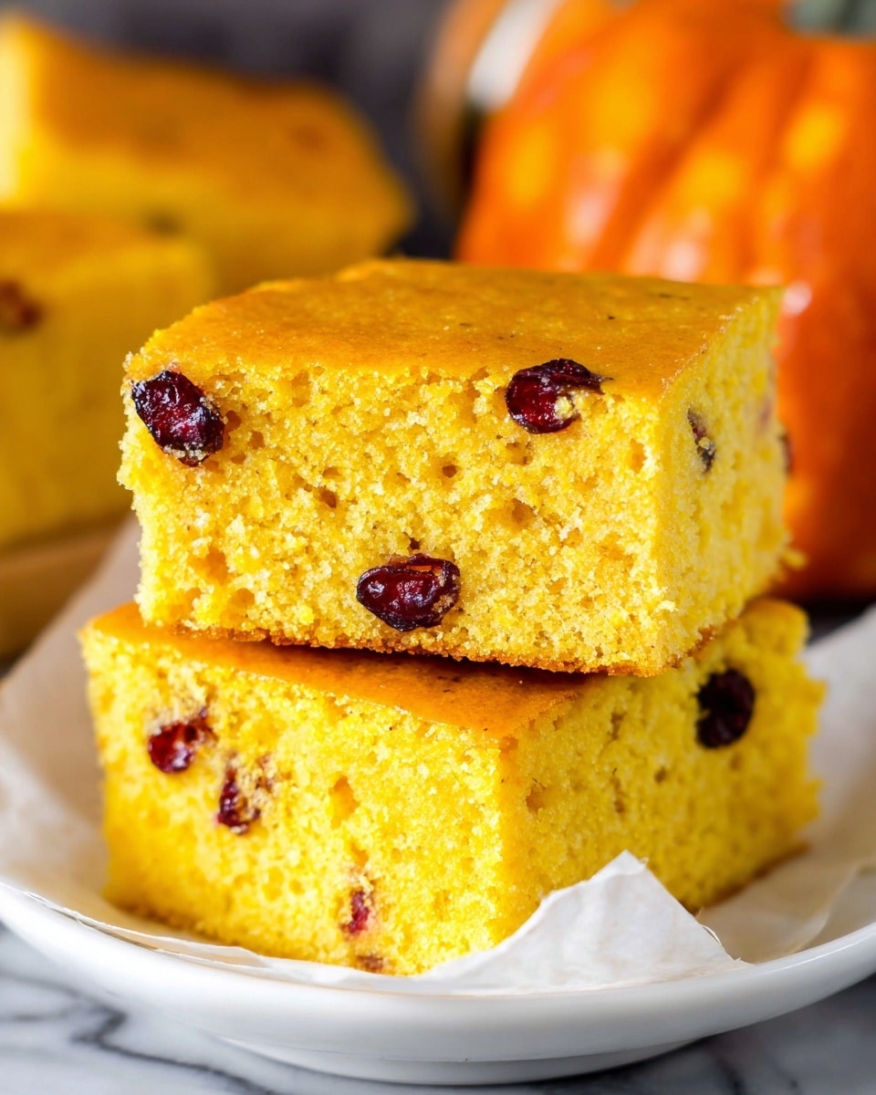 Two bright yellow cornbread squares are stacked on top of each other on a white plate with parchment paper underneath. The cornbread has a moist and soft texture with a few visible dried cranberries embedded in each piece, adding a pop of dark red color. The top layer has a slightly golden crust with a smooth finish. In the blurred background, orange pumpkins add to the warm autumn feel. The overall setting rests on a white marbled surface. photo taken with an iphone --ar 4:5 --v 7