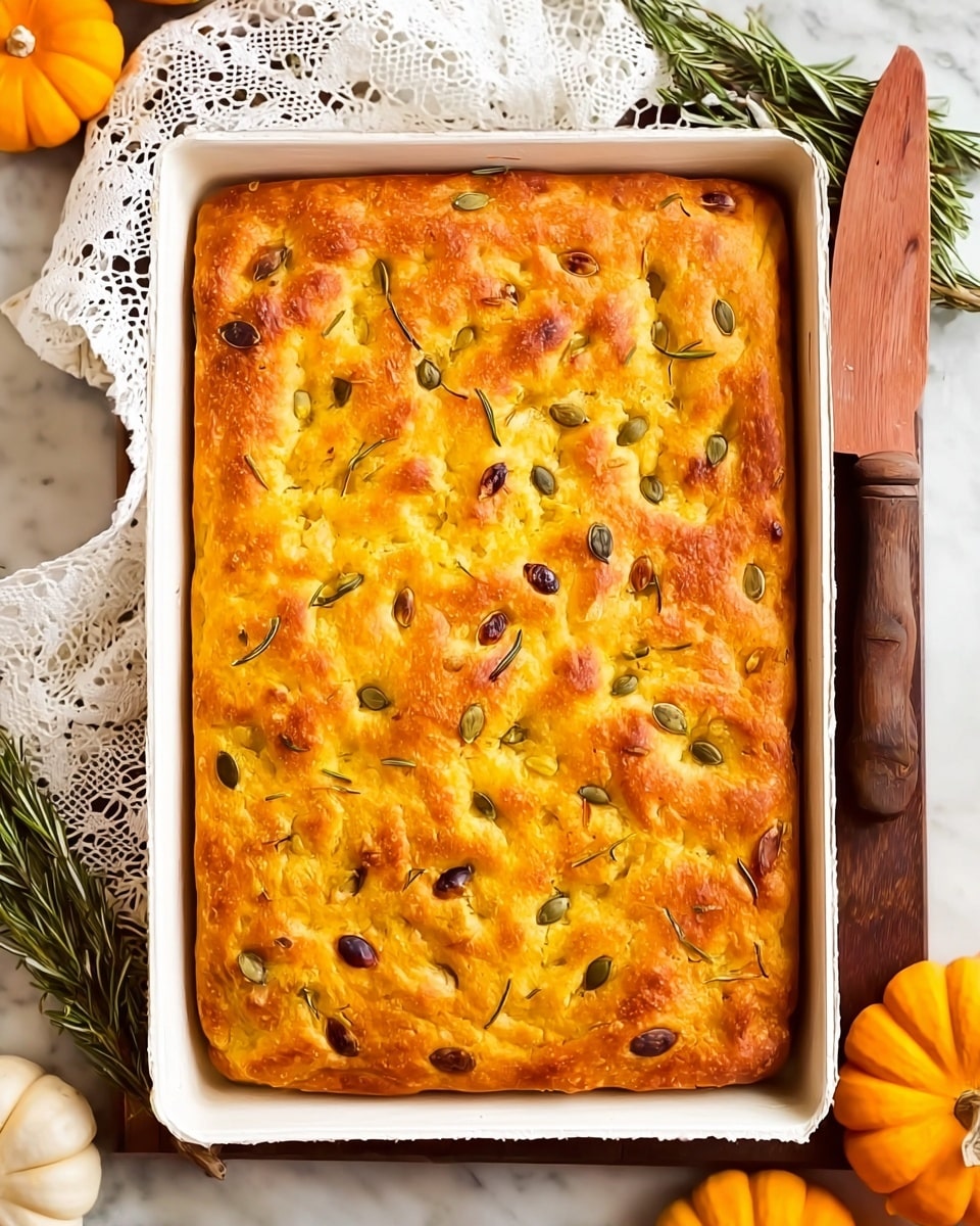A rectangular baked dish sits in a white baking pan, showing a single thick layer of golden brown focaccia bread with a slightly uneven surface. The top is dotted with scattered pumpkin seeds and small rosemary sprigs, adding texture and green accents to the warm golden color. The bread's texture looks soft and fluffy with slight browning in some spots. Around the pan are small pumpkins, a white lace cloth, a wooden-handled knife, and sprigs of herbs resting on a white marbled surface. Photo taken with an iphone --ar 4:5 --v 7