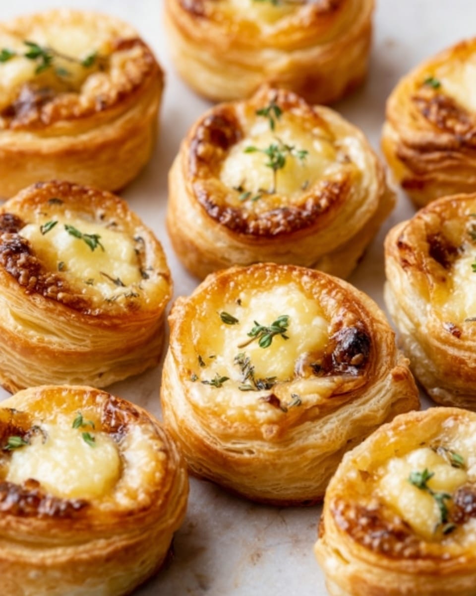 The image shows several small round puff pastry bites arranged closely on a white marbled surface. Each bite has a golden-brown, flaky outer crust with visible layers. Inside the center of the puff pastry is a creamy, light yellow cheese topping with a soft, slightly melted texture. Some bites have small bits of herbs sprinkled on top, adding a subtle green contrast. The overall look is warm and inviting, with a mix of crispy edges and smooth filling, photo taken with an iphone --ar 4:5 --v 7