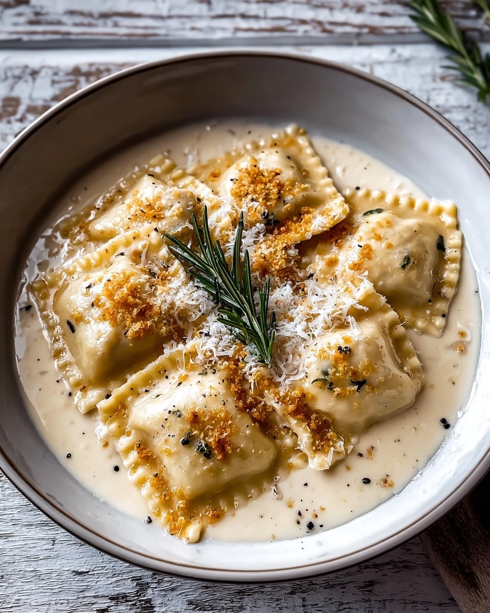 A white bowl filled with seven light golden-brown ravioli pieces, each with a slightly crinkled edge, layered evenly in a creamy, off-white sauce that pools around them. The sauce has a smooth texture with small black pepper specks scattered throughout. On top, there is a small pile of finely grated white cheese and golden-brown crumb bits, with a bright green sprig of rosemary placed in the center. The bowl is set against a white marbled texture background with a rustic wooden surface visible at the edges. Photo taken with an iphone --ar 4:5 --v 7