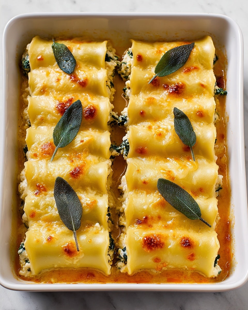 The image shows six pieces of ravioli arranged in two rows inside a white baking dish. Each ravioli has a light beige pasta shell with visible green herbs inside. The top of the ravioli is covered with a shiny golden-brown sauce that looks creamy with a smooth texture and specks of seasoning. Two dried bay leaves lay flat on the sauce over two ravioli, adding a slight green and gray color contrast. The edges of the ravioli have a crimped pattern, and the sauce pools around them at the bottom of the dish, creating a glossy look. The background is a white marbled surface. photo taken with an iphone --ar 4:5 --v 7