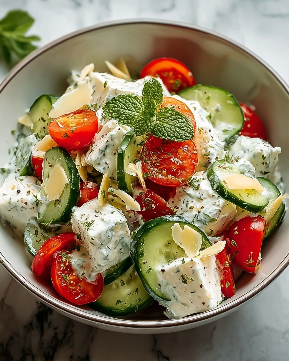 A fresh salad served in a white bowl with many layers, starting with a base of thin, round dark green cucumber slices at the bottom, topped with bright red cherry tomato halves scattered evenly. On top of these vegetables, there are large chunks of white creamy dressing with green herb specks, adding a rich texture. Thin, pale yellow cheese shavings are sprinkled lightly over the salad, and small bits of green fresh herbs and crushed black pepper are visible. At the very top, a small sprig of green mint leaves stands out as a garnish. The bowl sits on a white marbled surface. photo taken with an iphone --ar 4:5 --v 7
