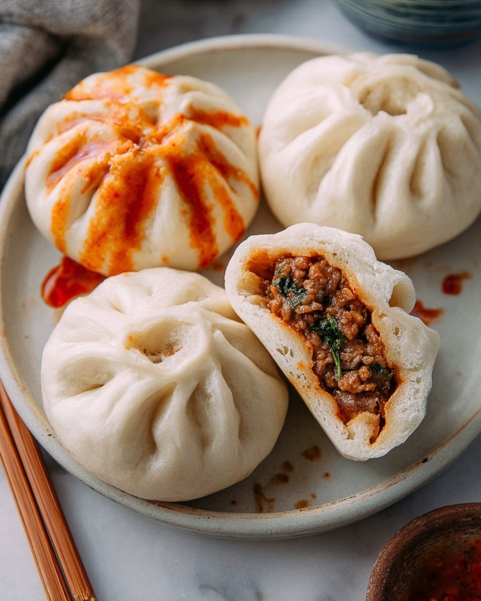 The image shows a white ceramic plate with three steamed buns, two whole and one cut in half. The buns have a soft, smooth white outer layer with delicate pleats on top. One bun is drizzled with a reddish-orange chili sauce, creating vibrant streaks down its surface. Inside the cut buns, there is a filling of minced meat mixed with green herbs, giving a textured look with browns and greens. The plate is on a white marbled surface, with a pair of brown wooden chopsticks resting beside it. photo taken with an iphone --ar 4:5 --v 7