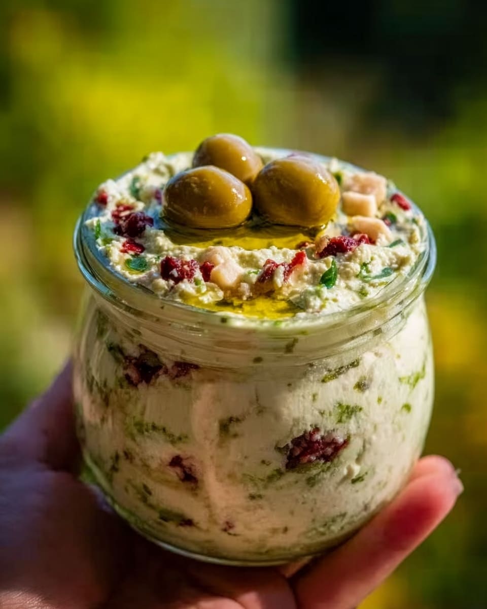 A clear glass jar filled with a creamy textured spread that has small red and green bits mixed inside. On the top, there is a thick layer of the spread decorated with three green olives placed near the center, surrounded by a drizzle of golden olive oil and small pieces of the spread. The jar is held by a woman's hand against a blurred green natural background. photo taken with an iphone --ar 4:5 --v 7
