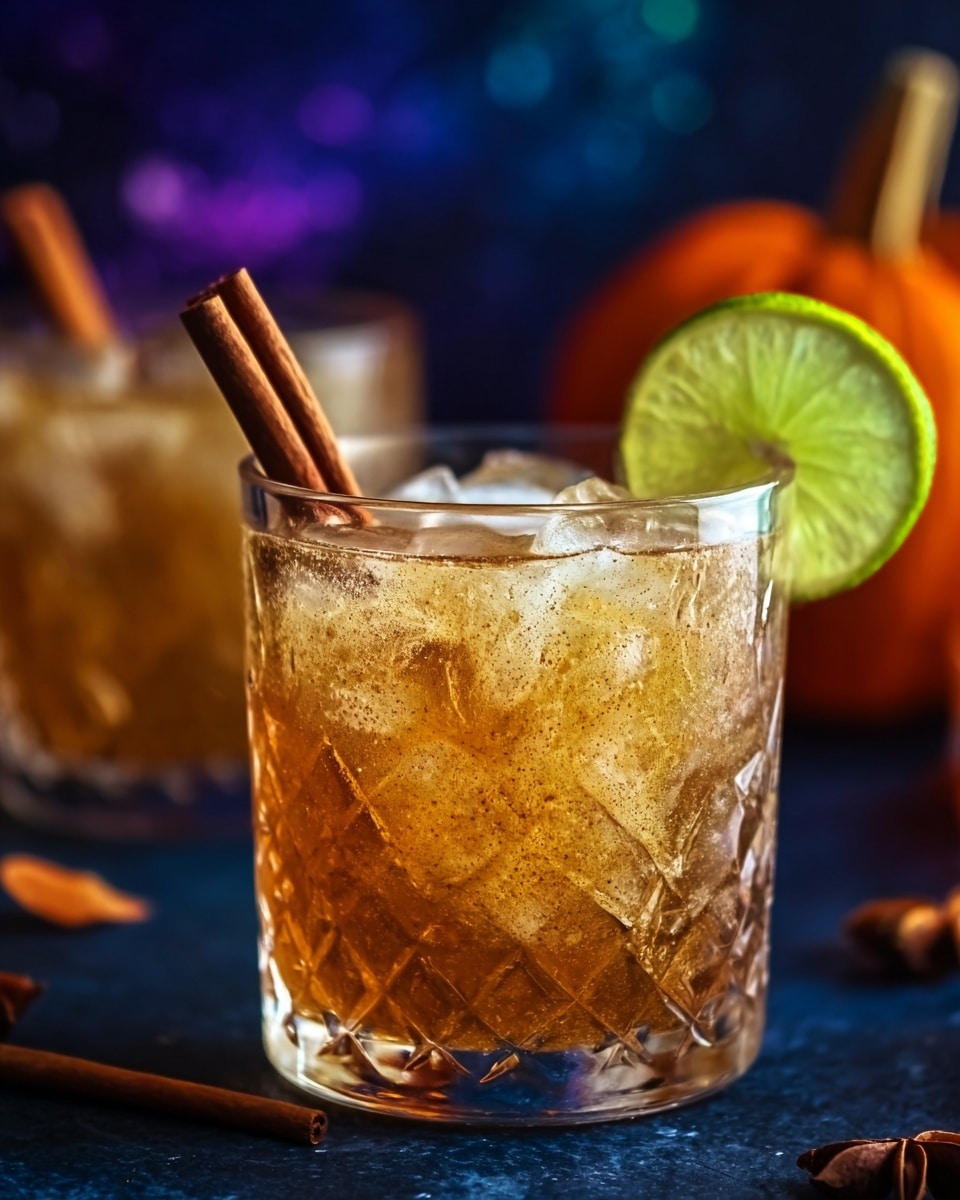 A close-up of a short, clear textured glass filled with a golden-brown drink and ice cubes, with two cinnamon sticks placed inside on the left side of the glass. A fresh green lime wheel is perched on the right rim of the glass. In the blurry background, another glass with a similar drink and cinnamon stick is visible, sitting on a dark blue surface with a softly blurred pumpkin nearby. The background is a mix of deep blue and purple colors, creating a cozy, warm feeling. photo taken with an iphone --ar 4:5 --v 7