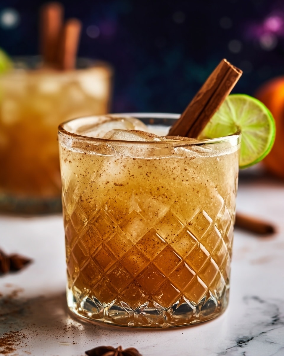 A short, clear glass with a diamond pattern is filled with a layered amber drink and ice cubes, topped with two brown cinnamon sticks leaning to the left and a green lime slice resting on the rim to the right. The drink has a textured, slightly frothy surface with tiny bubbles, and the background shows a blurred second glass with a similar drink and cinnamon stick, set on a white marbled surface with small scattered crumbs. photo taken with an iphone --ar 4:5 --v 7
