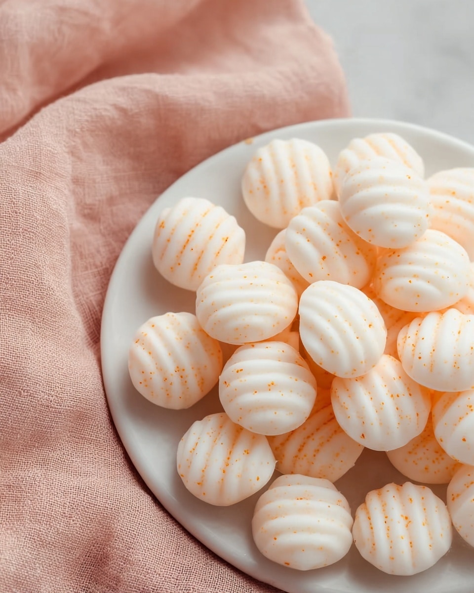 The image shows a close-up of many small, round sweets stacked together on a white plate. Each sweet has three thin grooves on the top with a light golden filling inside. The sweets are white and look soft and crumbly, with a slightly powdery texture. The background is a smooth, white marbled surface, giving a clean and bright look to the photo taken with an iphone --ar 4:5 --v 7
