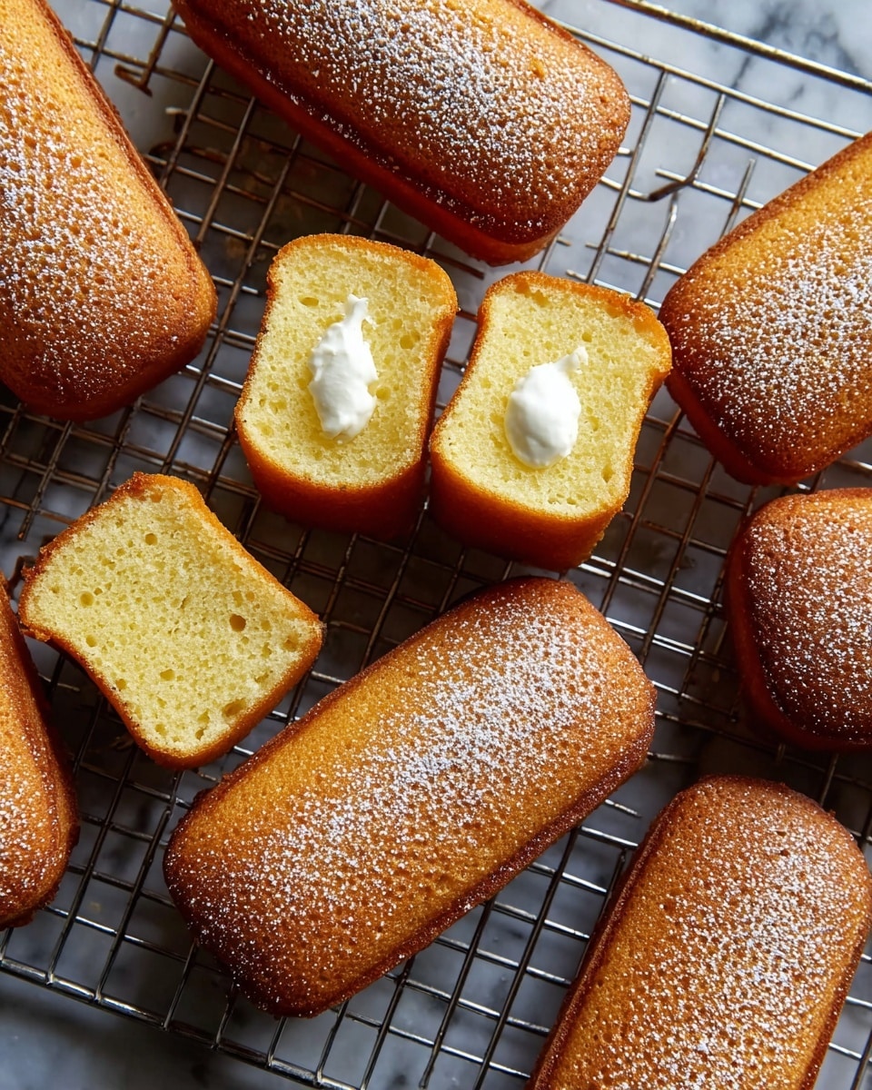 The image shows several golden brown rectangular cakes with rounded edges placed on a cooling rack over a white marbled surface. The cakes have a slightly crisp outer layer with a dotted texture on top, and are dusted lightly with powdered sugar. One cake is cut in half to show the inside, revealing a soft, light yellow crumb with a small dollop of white cream filling in the center. The arrangement is scattered but balanced, showcasing both the outer and inner textures of the cakes. photo taken with an iphone --ar 4:5 --v 7