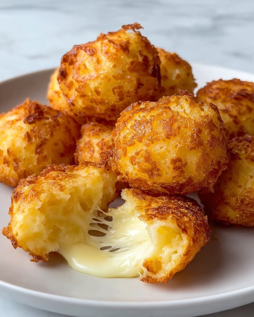 The image shows a close-up of several golden-brown fried cheese balls arranged on a simple white plate. Each ball has a crispy, textured outer layer with a crunchy appearance in shades of golden yellow and light brown. One cheese ball in the front is broken open, revealing a soft, gooey inside with melted white cheese stretching in thin strings. The background features a white marbled texture that contrasts with the warm colors of the fried balls. photo taken with an iphone --ar 4:5 --v 7