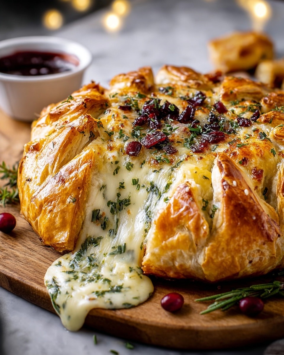 A round baked cheese sits on a white plate with a white marbled texture underneath. The cheese has a golden, crispy outer layer with visible cuts around the edge, each section puffed up and browned. The top of the cheese is dotted with chopped green herbs and small bits of red spices. In the center, creamy melted cheese oozes out smoothly, showing a soft, shiny texture. Around the plate’s edge are sprigs of fresh rosemary, and blurred slices of toasted bread appear in the background. photo taken with an iphone --ar 4:5 --v 7