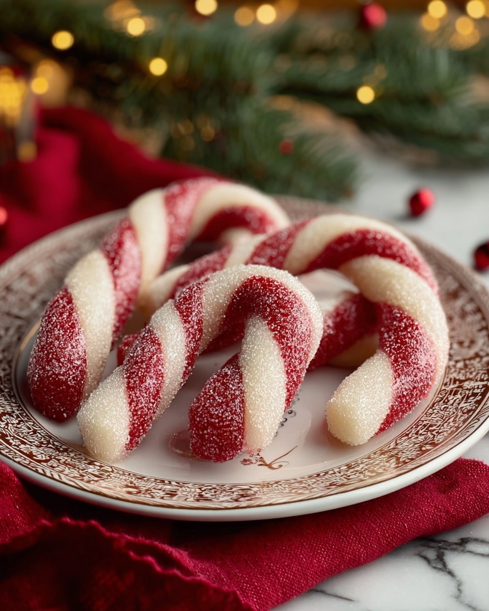 The image shows a plate with four curved candy cane-shaped sweets that have two thick twisted layers, one red and one white. Each layer has a sugary, sparkling texture, making the candy look shiny and festive. The white plate has a detailed brown pattern along the rim. The plate is placed on a red cloth over a white marbled surface. The background is softly blurred, showing green pine branches and small warm lights that add a cozy holiday feel. Photo taken with an iphone --ar 4:5 --v 7