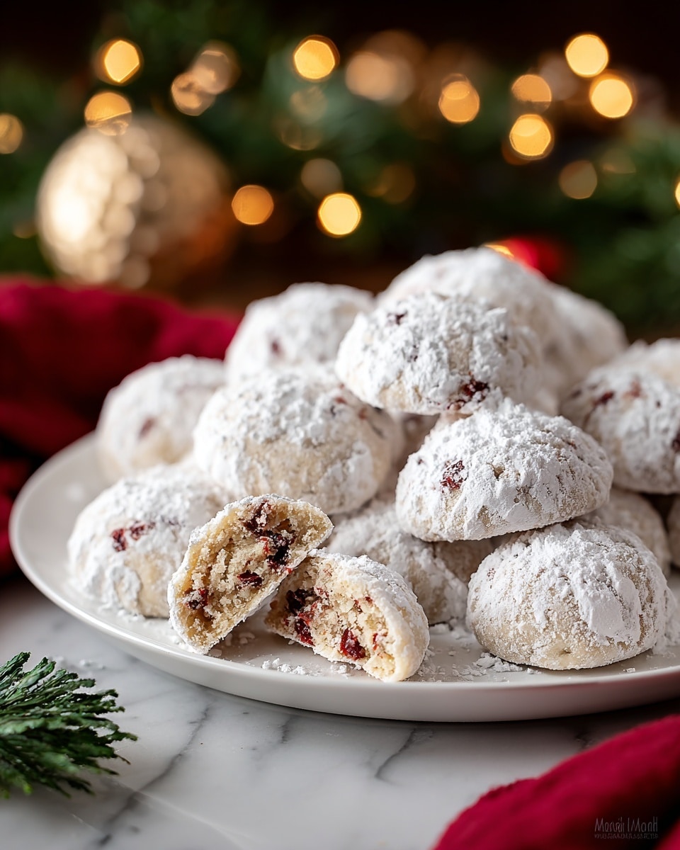 A white plate holds about fourteen small, round cookies, each covered with a generous layer of white powdered sugar dust, showing a soft texture underneath with tiny bits of red fruit inside. One cookie is broken in half, revealing a beige, crumbly inside mixed with small red fruit pieces. The plate sits on a white marbled surface with a blurred background of warm, glowing lights and holiday decorations. A green pine branch and a soft red cloth partially frame the plate in the foreground. Photo taken with an iphone --ar 4:5 --v 7