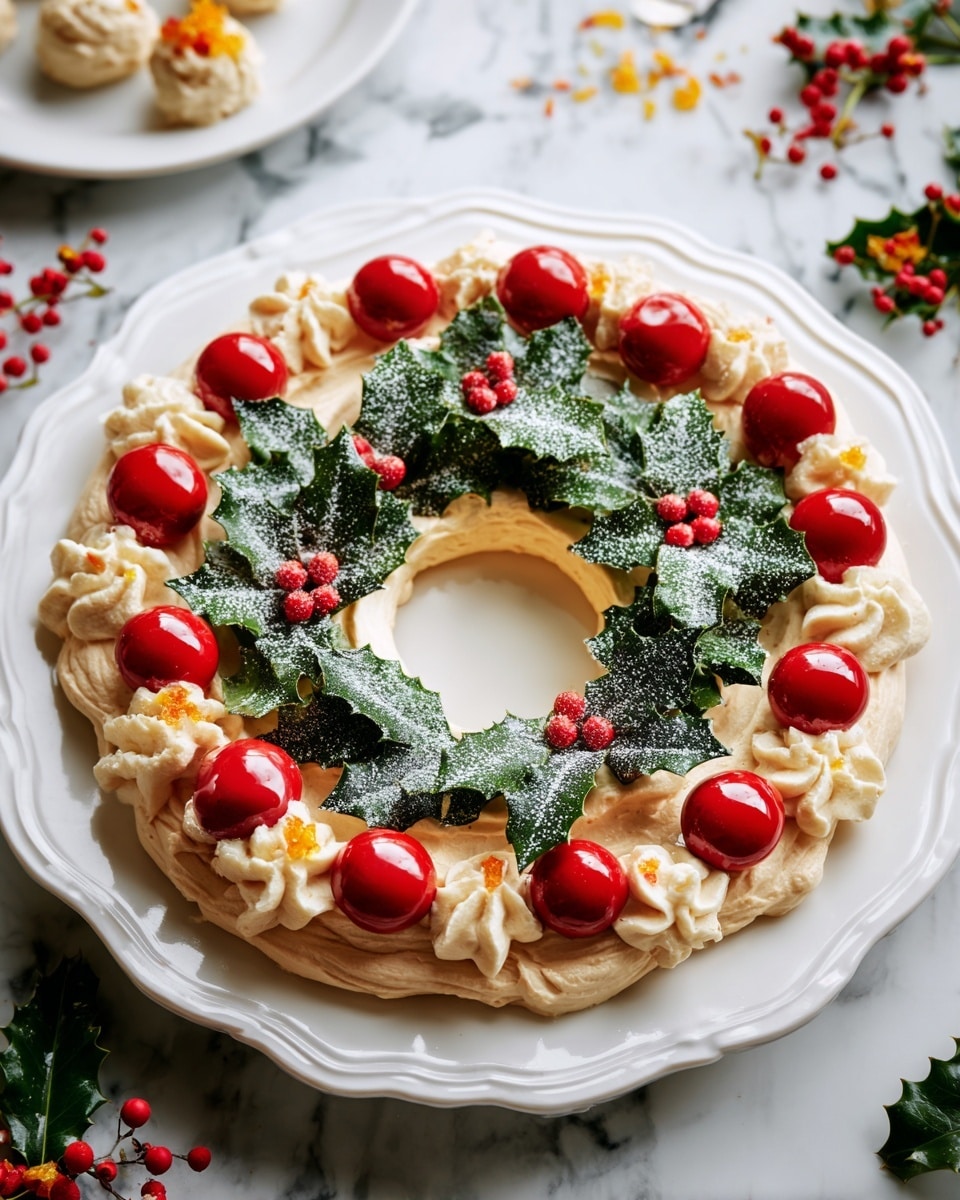 A festive dish presented on a white plate with a scalloped edge sits on a white marbled surface. The dish is shaped like a wreath with three clear layers: the innermost layer is a smooth beige spread forming a ring with a hollow center; the middle layer is a circle of dark green holly leaves dusted lightly with powdered sugar; the outer layer features alternating bright red shiny round ornaments and dollops of creamy beige piped dollops, both arranged evenly around the wreath. Small red dots and bits of orange zest add extra color detail. Photo taken with an iphone --ar 4:5 --v 7