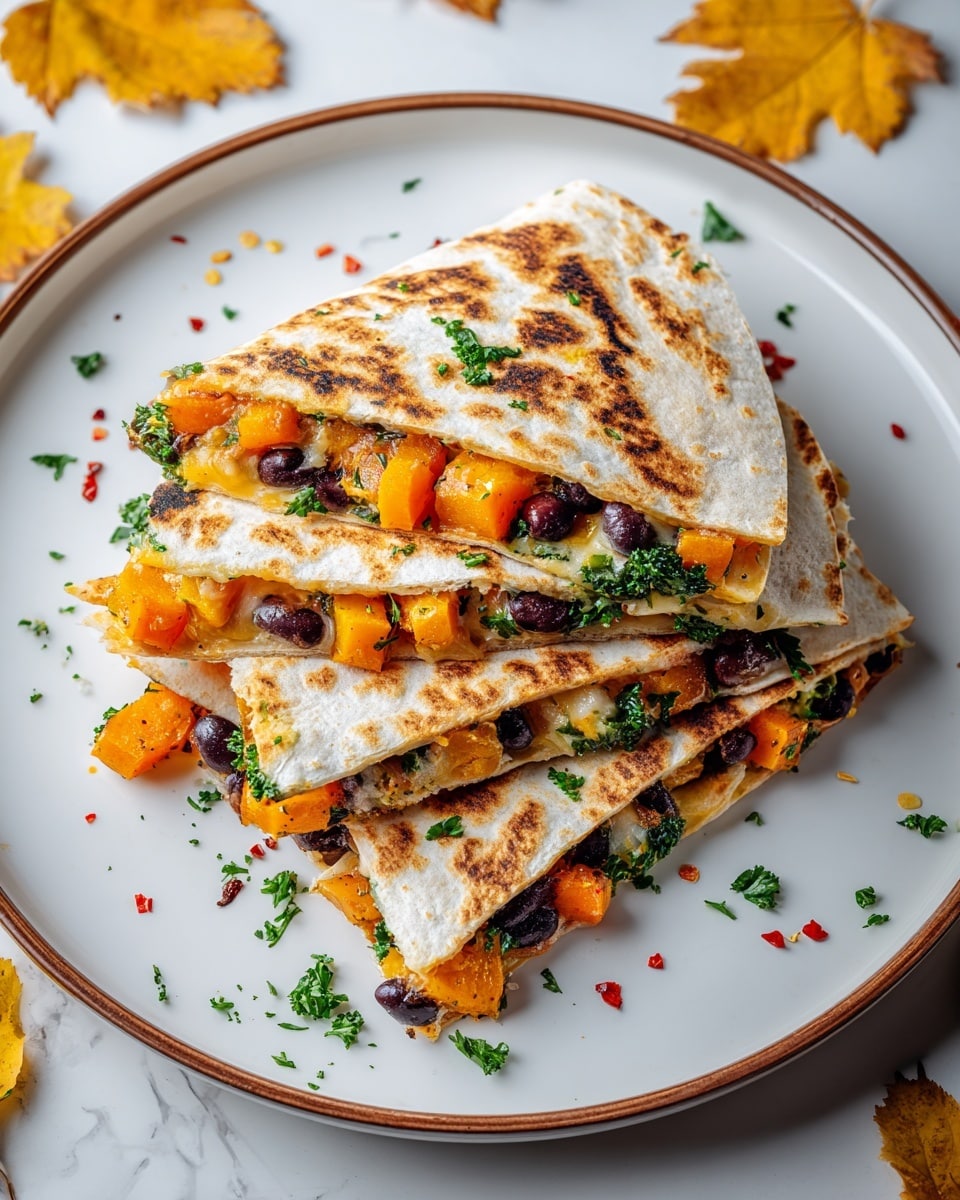 A stack of four folded quesadilla slices is arranged in a circular white plate with a thin brown rim. Each quesadilla has a toasted, golden-brown flatbread exterior with visible grill marks and a slightly crispy texture. Inside, layers include vibrant orange chunks of roasted butternut squash, black beans, melted cheese with a light yellow color, and small green parsley leaves scattered throughout. Around the plate, there are small bits of chopped herbs and red chili flakes, adding a festive touch. The plate is placed on a white marbled surface with scattered yellow autumn leaves enhancing the warm, inviting look of the dish. photo taken with an iphone --ar 4:5 --v 7