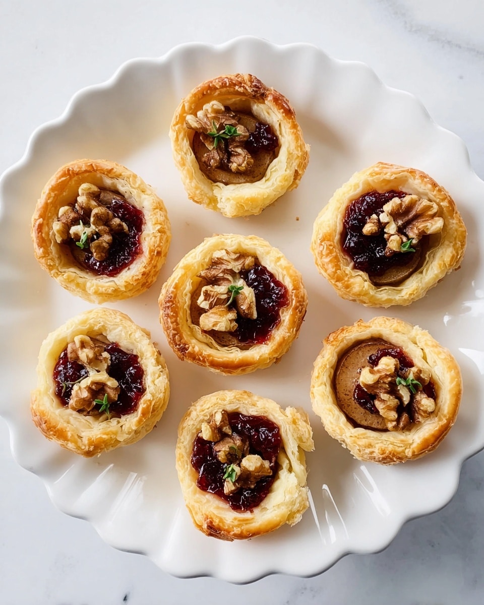 The image shows six small round puff pastry tarts arranged on a white scalloped plate with a white marbled surface underneath. Each tart has a golden, flaky outer crust with a slightly ruffled edge. Inside, the layers include a thin, light brown baked fruit slice, topped with a dark red berry jam layer, and a few pieces of brown walnuts scattered on top. Small green herb pieces are visible on top of the jam. The tarts are spaced evenly across the plate. photo taken with an iphone --ar 4:5 --v 7