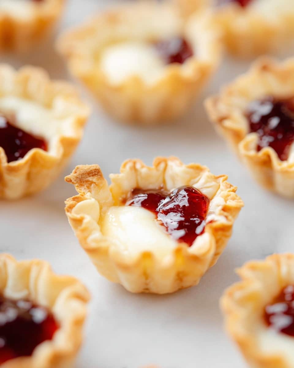 The image shows small tartlets arranged on a white marbled surface. Each tartlet has a crisp, golden-brown, flaky pastry shell with ruffled edges. Inside the shell, there are two layers: one side has a creamy, soft white filling that looks smooth and melted, while the other side has a glossy, deep red jam or jelly with a shiny texture. The tartlets are spaced apart, some are in focus with clear details, and others appear blurred in the background, giving a shallow depth effect. photo taken with an iphone --ar 4:5 --v 7