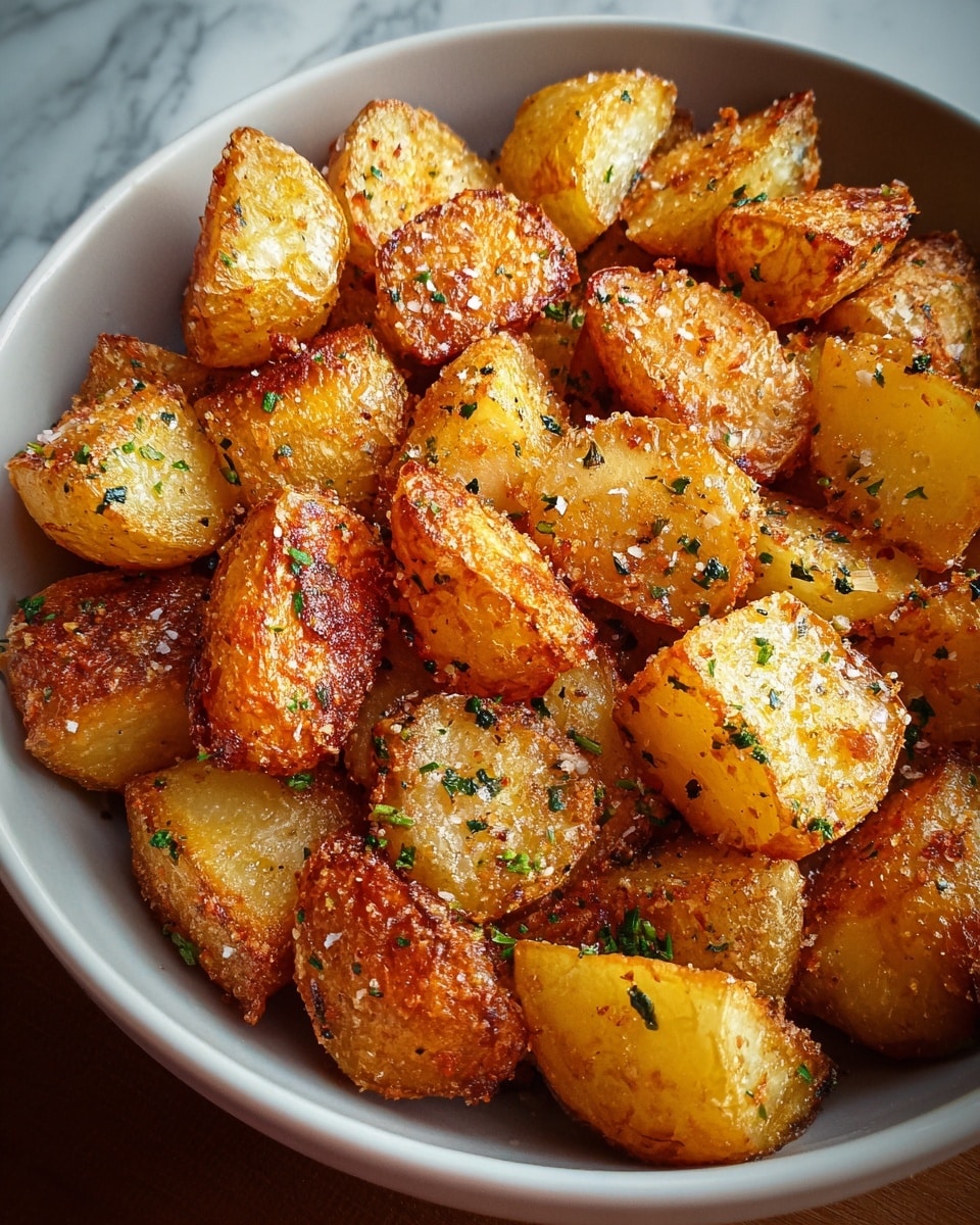 The image shows a bowl full of small roasted potato pieces with a golden-brown color and a crispy texture. The potatoes are cut into uneven chunks and are sprinkled with green herbs and coarse salt, creating a speckled look. The bowl is white and has a smooth surface. The background is a white marbled surface, giving a clean and bright feel to the image. The lighting emphasizes the crispy edges and the moist inside of the potatoes, making them look very appetizing. photo taken with an iphone --ar 4:5 --v 7