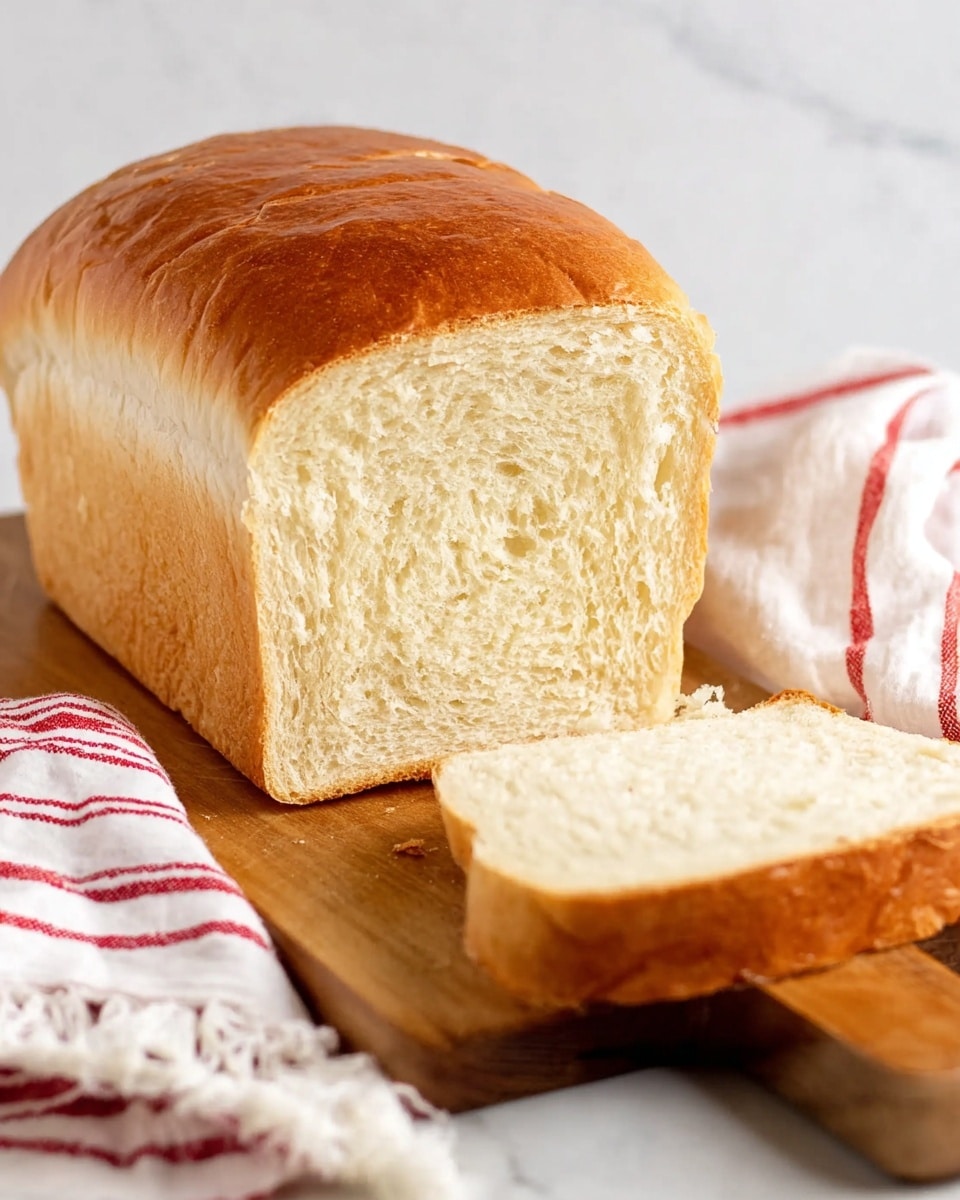 A loaf of white bread sits on a wooden cutting board placed on a white marbled surface. The bread has a soft, light golden-brown crust on top and soft, light beige inside. One thick slice is cut off and placed in front of the loaf, showing the fluffy texture inside. A white cloth with red stripes is seen folded in the background to the right. The overall look is clean and simple, highlighting the fresh bread. photo taken with an iphone --ar 4:5 --v 7