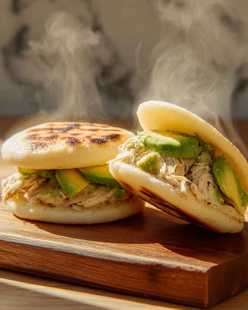 Two arepas are shown on a wooden board with steam rising from them. Each arepa has two thick layers of soft, slightly toasted white corn bread with a toasted golden brown top. Inside, there are visible layers of shredded light beige chicken mixed with smooth green avocado slices, creating a fresh and creamy filling. The arepa on the right is slightly tilted, showing the filling clearly, while the one on the left lies flat. The background has a soft, warm light and a white marbled texture. Photo taken with an iphone --ar 4:5 --v 7